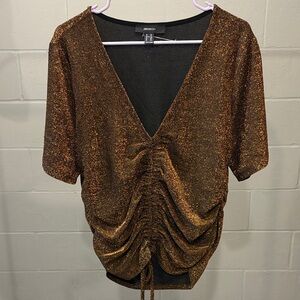 Forever 21 Bronze Shimmer Metallic V-Neck Cropped Tie Blouse NWOT 3X see details